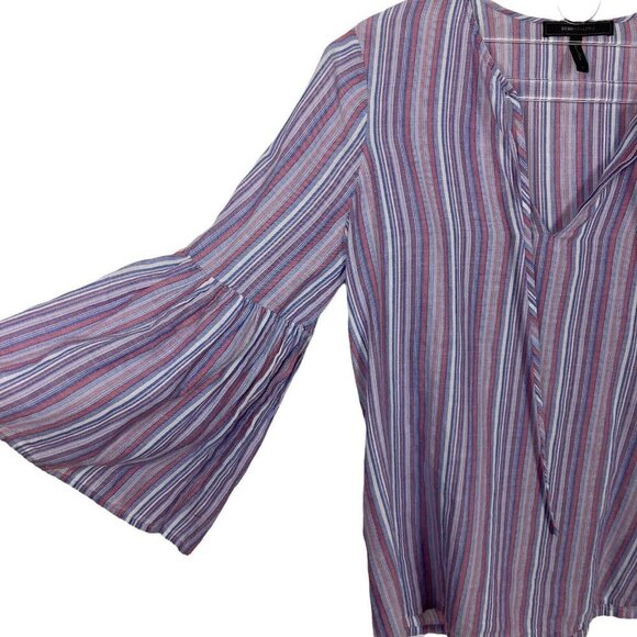 BCBG Maxazria Top Womens Small Blue Red Stripe Flare Sleeve Boho Blouse - Picture 2 of 5